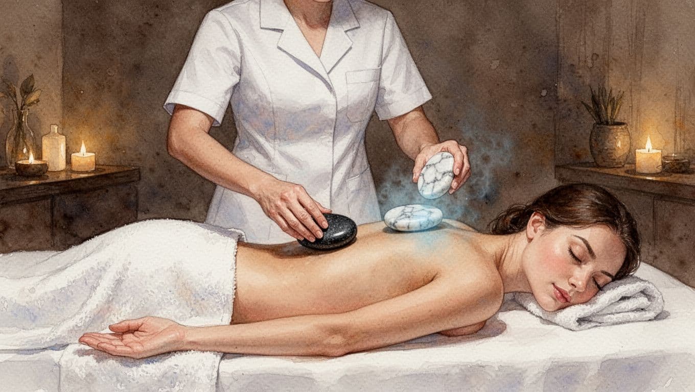 Massage therapist in white uniform alternates warm black basalt and cool marble stones on the lower back of a prone client draped in a white towel on a spa table, in a serene dimly lit room, watercolor style with soft blending and warm earthy tones.