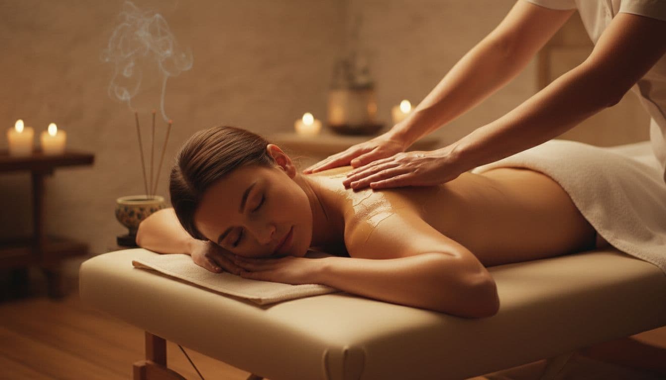 Hot Oil Massage 3 A relaxed adult lies face down on a massage table in a dimly lit spa, receiving a hot oil massage on back and shoulders from therapist hands, with warm oil sheen and soft lighting evoking peace.