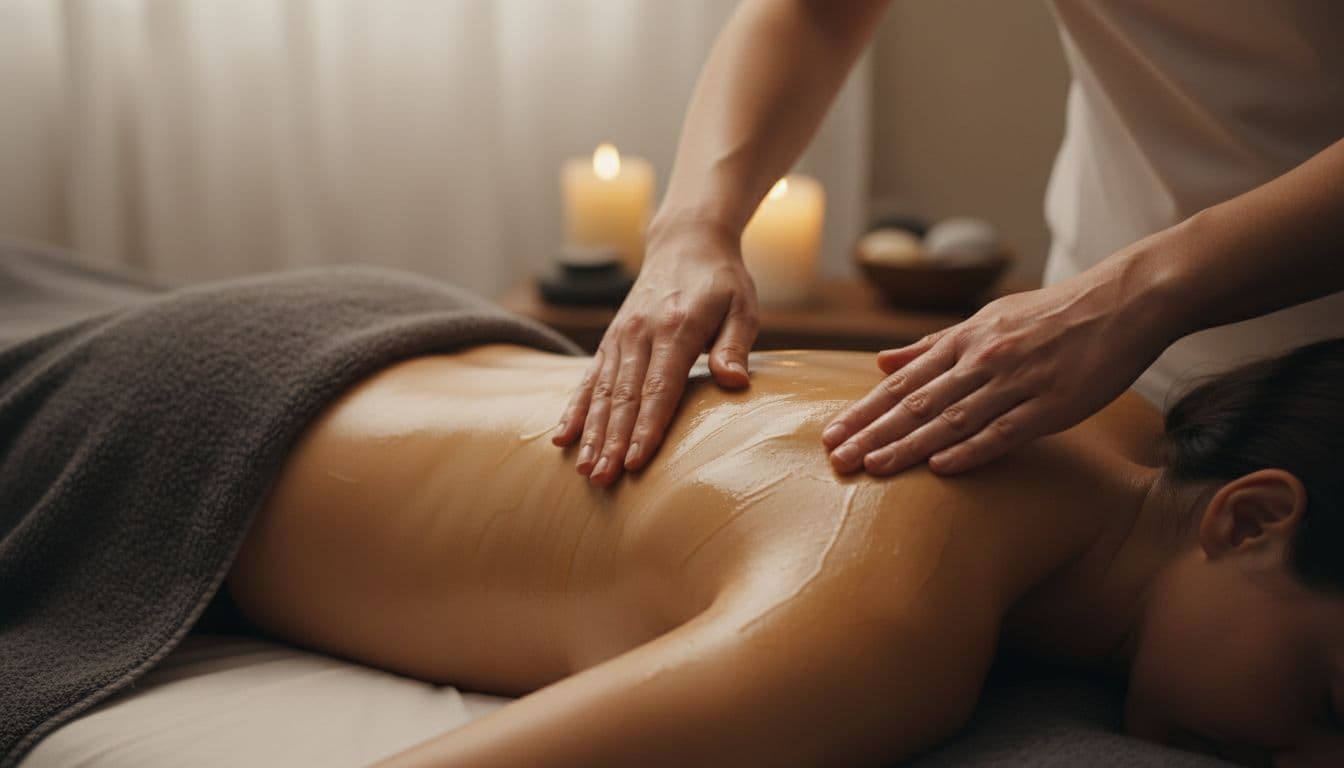 Hot Oil Massage 7 Therapist hands applying warm oil with long gliding strokes and gentle kneading on a client's back and shoulders in a dimly lit spa.