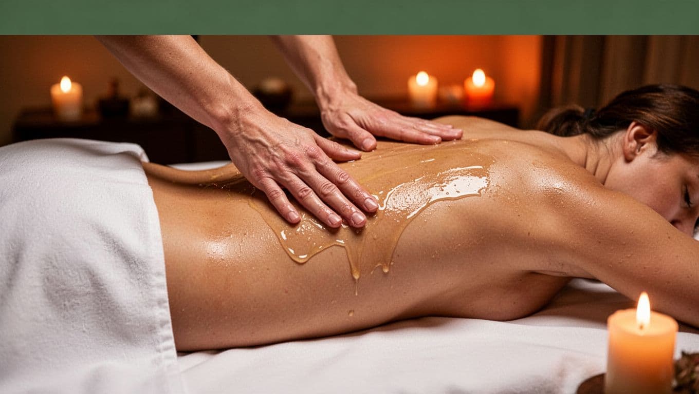 Therapist's hands gently apply glistening warm oil to the lower back of a person lying face down on a massage table in a dimly lit spa with candlelight, highlighting muscle relaxation and oil sheen.