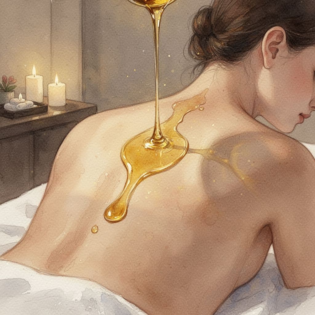 Hot Oil Massage 2 Warm oil pours onto a person's back in a soft, artistic watercolor spa setting.