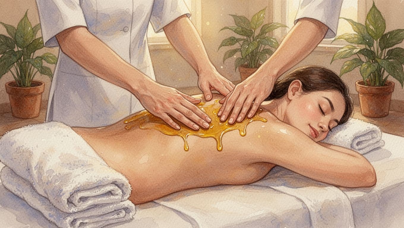 Therapist's hands gently applying glistening warm oil to a relaxed client's upper back and shoulders on a massage table in a calm spa room with towels and potted plants nearby.