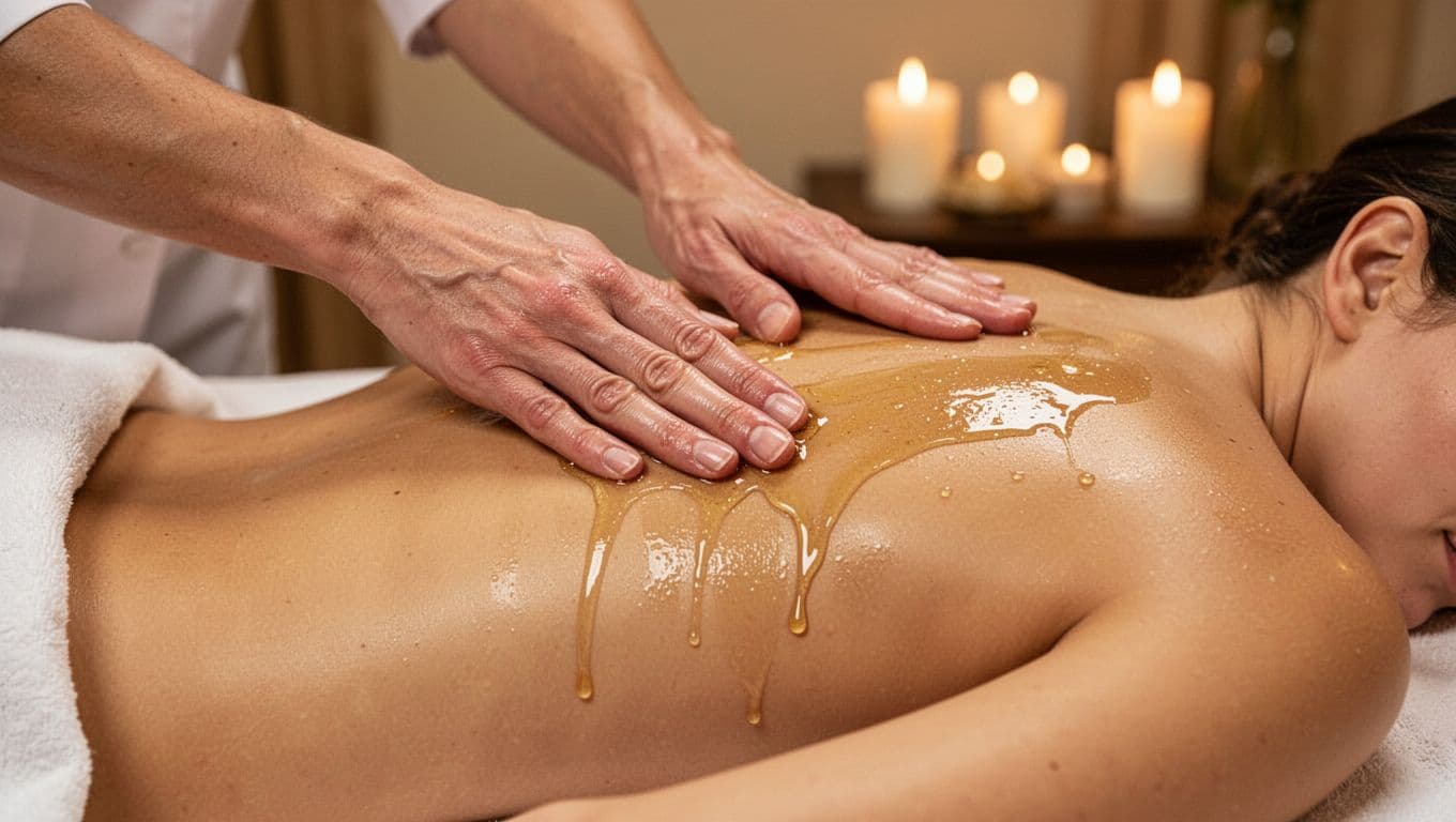 Hot Oil Massage 2 Close-up of a therapist's hands gently applying glistening warm oil to a client's smooth back in a serene spa room with soft candle lighting.
