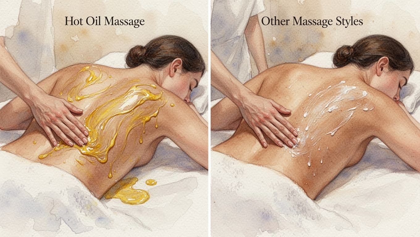 Subtle split-scene watercolor illustration showing gentle flowing oil strokes on the left side versus deeper pressure without oil on the right, both on relaxed backs in a spa setting with warm lighting.