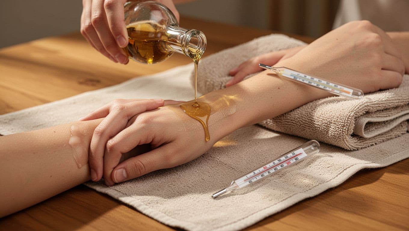 Close-up of wrist testing warm oil temperature poured onto skin with thermometer on spa towel, featuring bold 'Stay Safe' headline banner for massage safety.