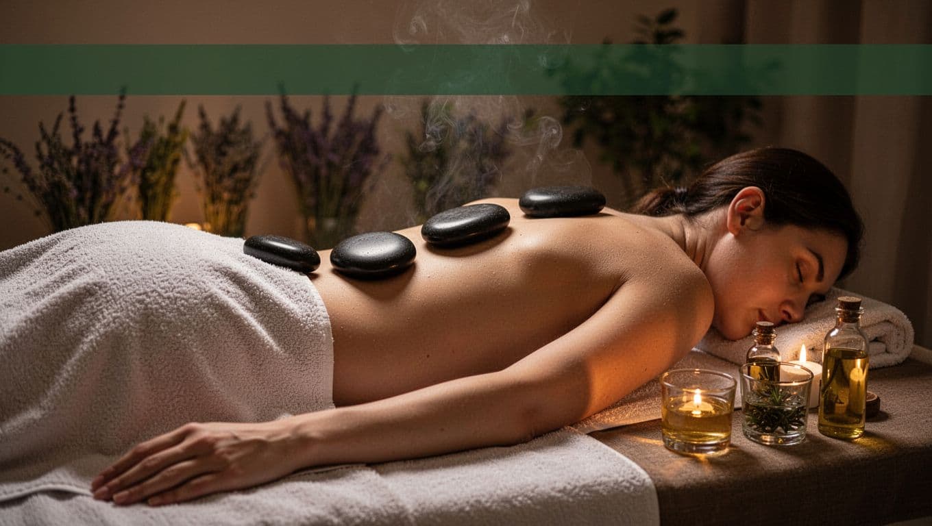 Tranquil spa setup with a client draped on a table, surrounded by heated smooth black stones on back and limbs, faint steam rising, essential oil bottles nearby, and aromatic herbs in soft focus, under warm ambient glow.