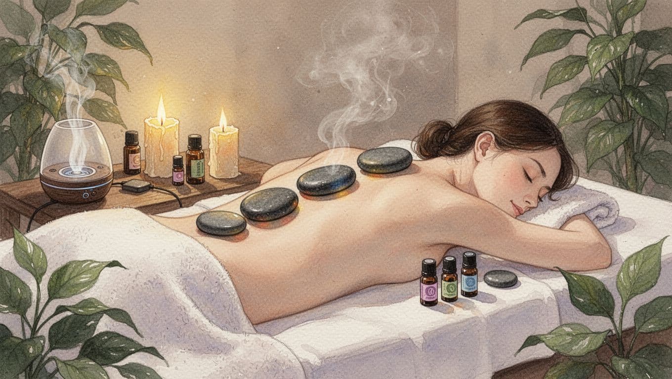 A relaxed client lies face down with smooth heated stones precisely placed along the spine and shoulders during a hot stone aromatherapy massage in a tranquil Nairobi spa room featuring a lit diffuser, essential oils, candles, and plants in watercolor style.