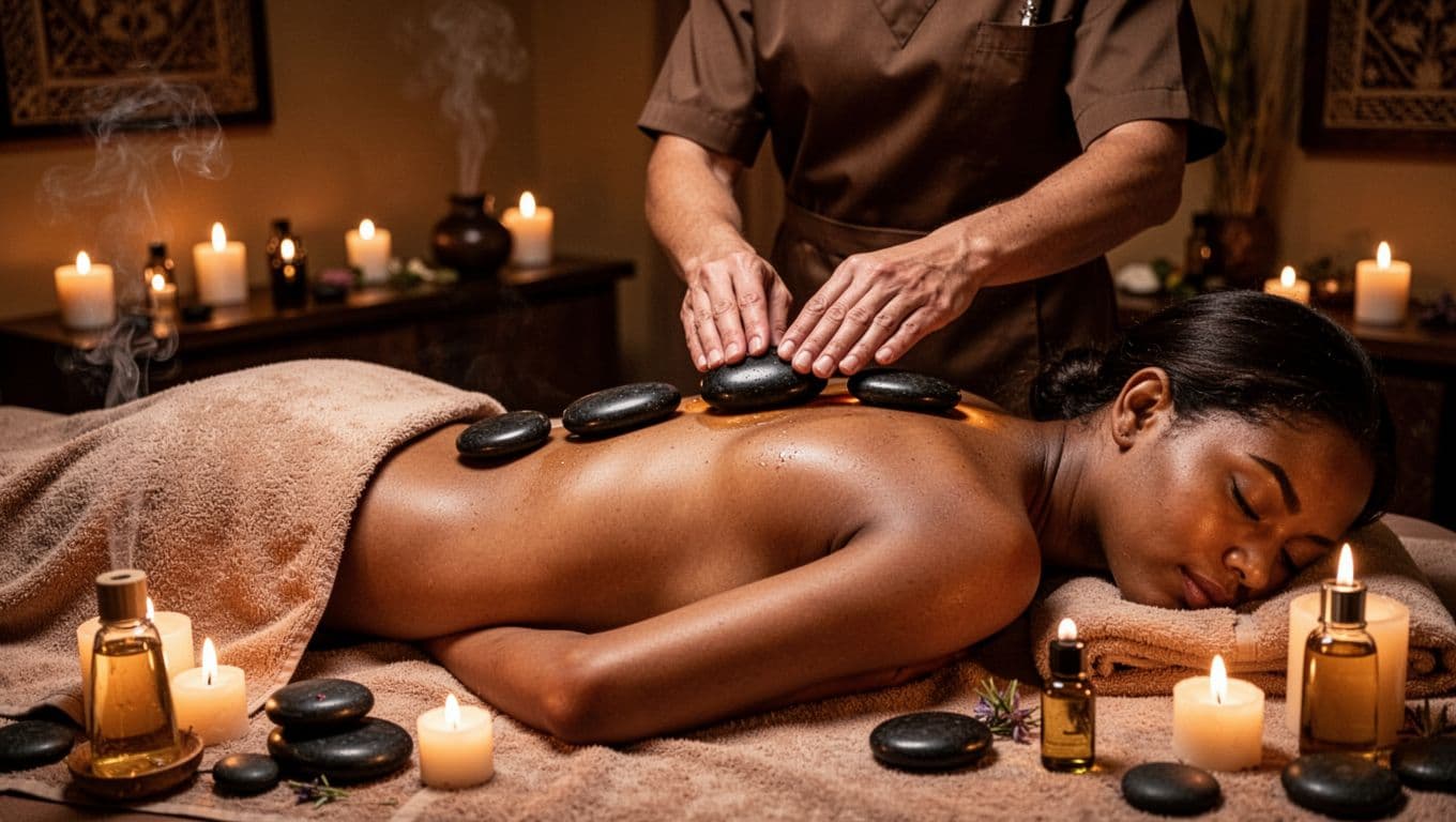 Smooth heated black stones placed along the spine and shoulders of a draped relaxed female client on a massage table during hot stone therapy with aromatherapy oils in a cozy candlelit Nairobi spa.