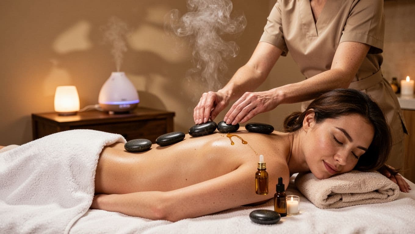 Modern spa session combining hot stone massage with aromatherapy, smooth black basalt stones on client's back, therapist applying essential oil drops in serene room with diffuser mist and warm lighting.