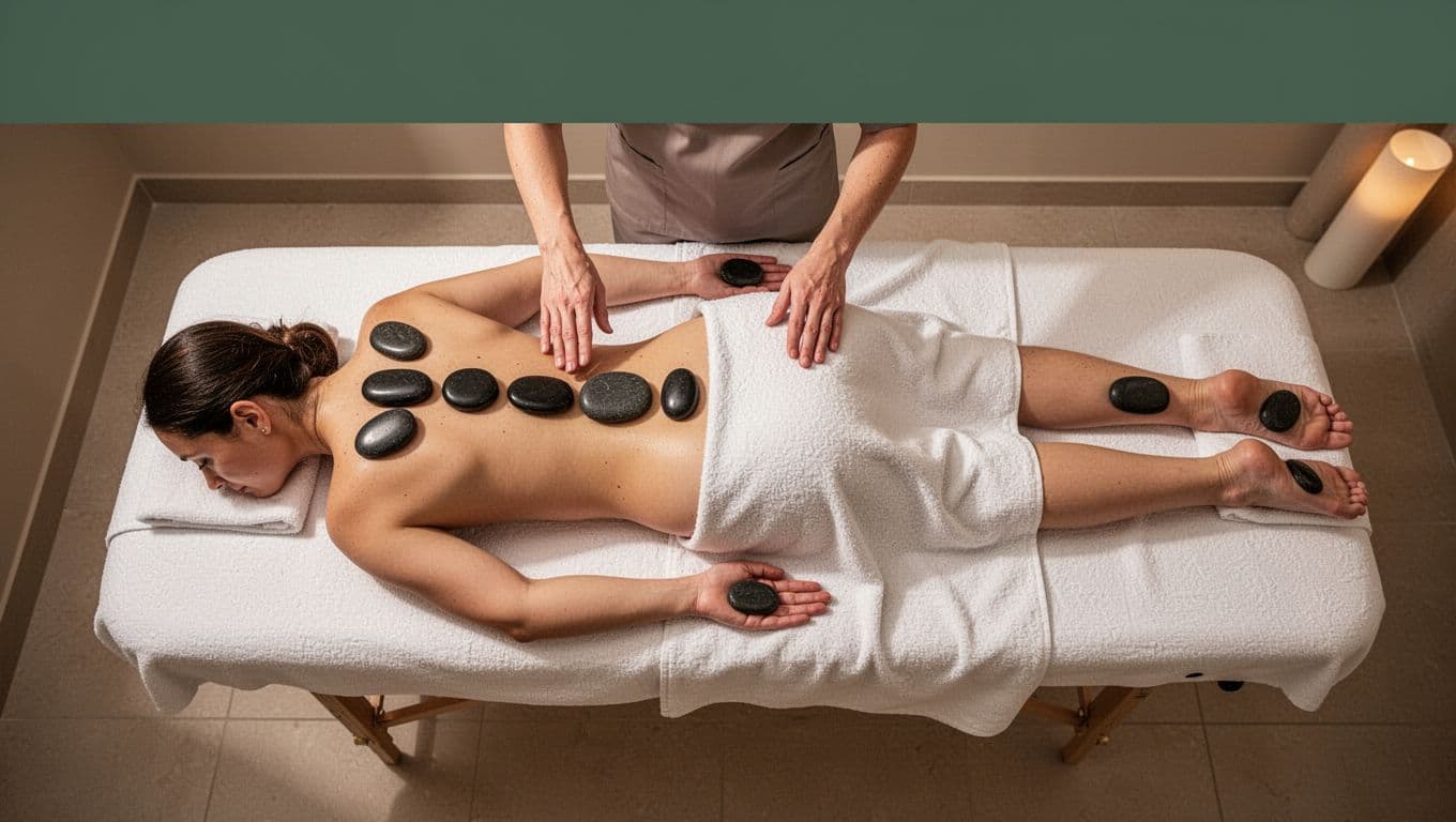 Overhead view of a client lying face down on a massage table in a serene spa room, with smooth hot black basalt stones placed along spine chakras, back, palms, and feet; therapist hands nearby in soft lighting.
