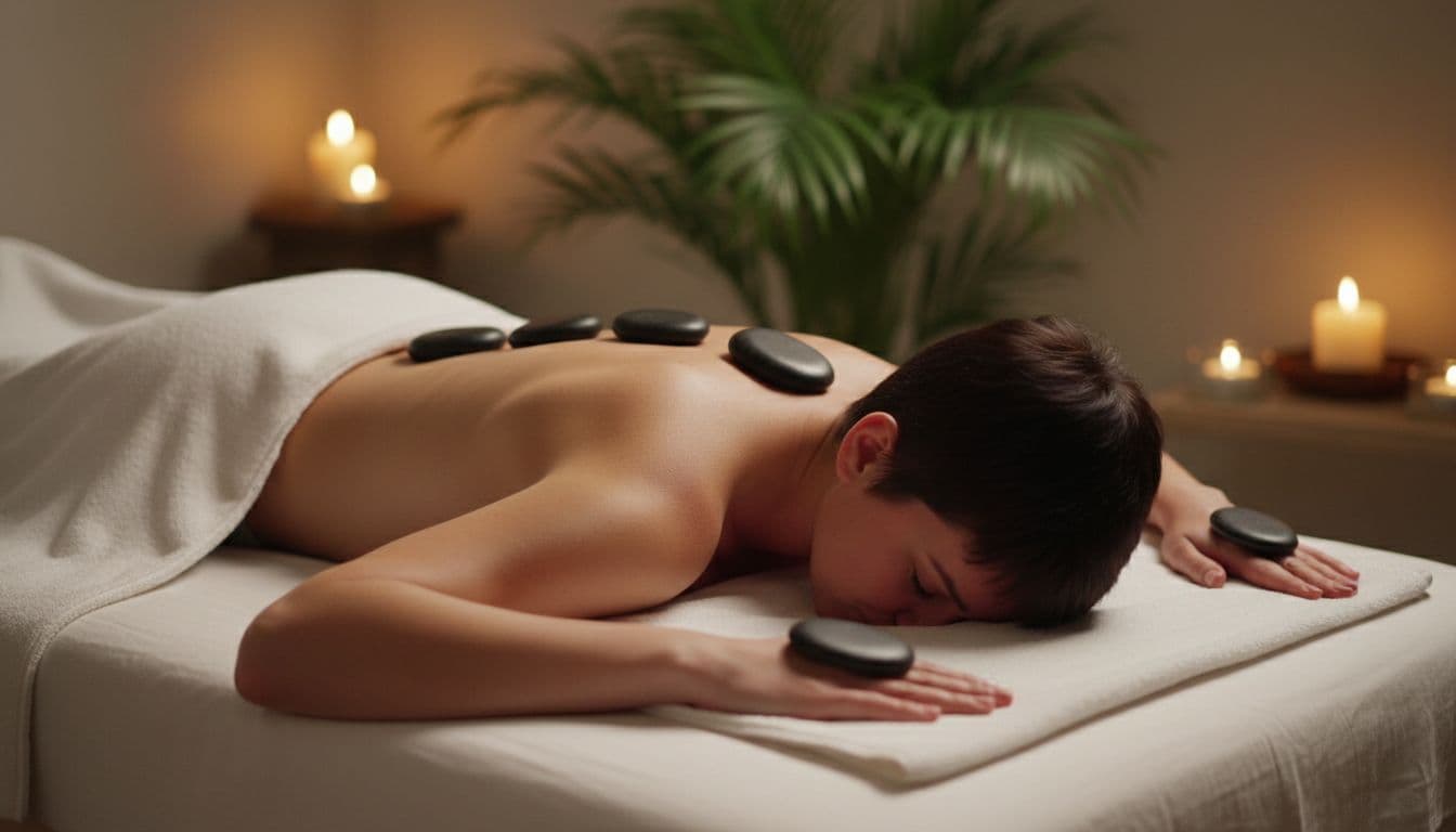 Smooth heated basalt stones placed precisely along the spine, shoulders, and palms of a partially draped client lying face down on a massage table in a peaceful Nairobi spa room with dim warm lighting and subtle tropical plants.