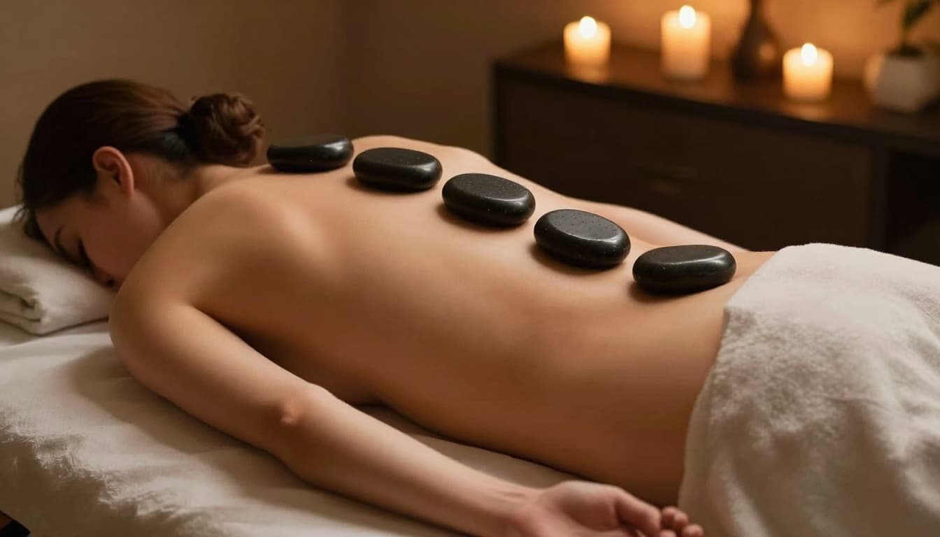 Smooth black basalt hot stones are placed along the spine on a person's back, with additional stones on palms, legs, and feet during a hot stone massage session in a serene spa room.