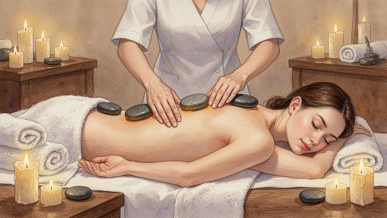 A therapist gently places smooth heated stones along the spine, shoulders, and lower back of a relaxed client face down on a massage table in a cozy spa, watercolor style.