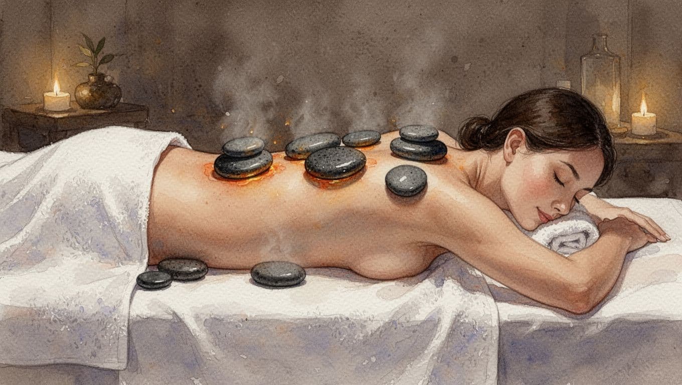 A serene spa scene with smooth heated basalt stones placed along the spine and muscles of a person's back, who lies prone on a massage table covered with a white towel, in soft dim lighting and watercolor style with warm earthy tones.