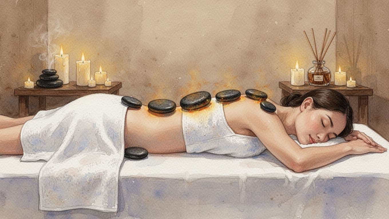 Smooth heated basalt stones placed precisely along the spine, shoulders, and lower back of a client lying face down on a massage table in a tranquil spa room. Overhead watercolor style composition highlighting symmetry, warmth, soft blending, and brush texture with warm earthy tones.