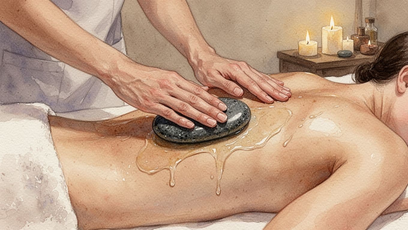 Massage therapist's hands gliding a hot basalt stone over oiled skin on a client's lower back in a spa with soft candlelight and gentle motion. Watercolor style featuring soft blending, brush texture, and warm earthy tones.