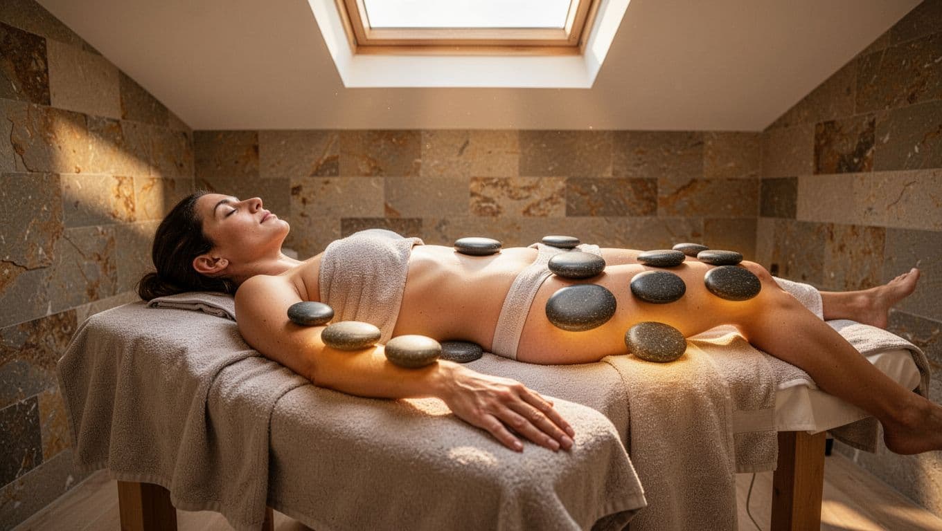 Client's limbs revitalized by improved blood flow during hot stone massage, featuring smooth basalt stones on legs and arms in a relaxed spa pose with golden warm lighting.