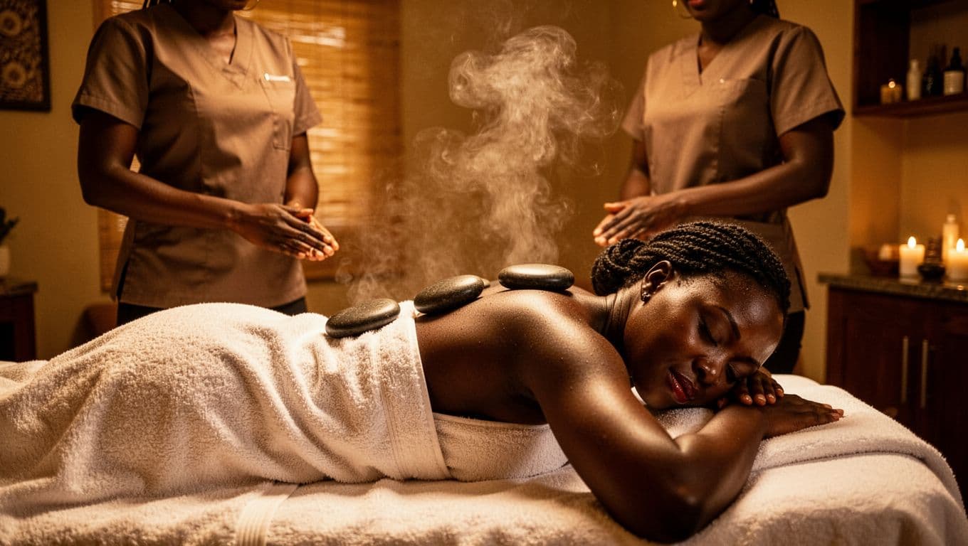 A Kenyan businesswoman in a towel lies face down on a massage table in a serene Kilimani spa, with hot smooth stones along her back and shoulders emitting gentle steam, while a therapist stands nearby under warm golden lighting.