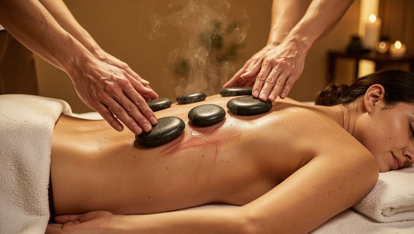 Close-up of smooth hot black basalt stones on a client's tense lower back muscles during a hot stone massage, heat visibly loosening tight knots in a serene spa room with warm golden lighting.