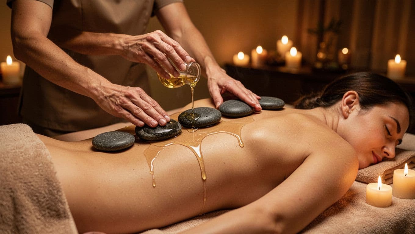 Therapist placing smooth hot basalt stones and pouring warm oil on the lower back of a client lying face down on a massage table in a dimly lit spa with candles, featuring glistening oil and warm golden lighting.