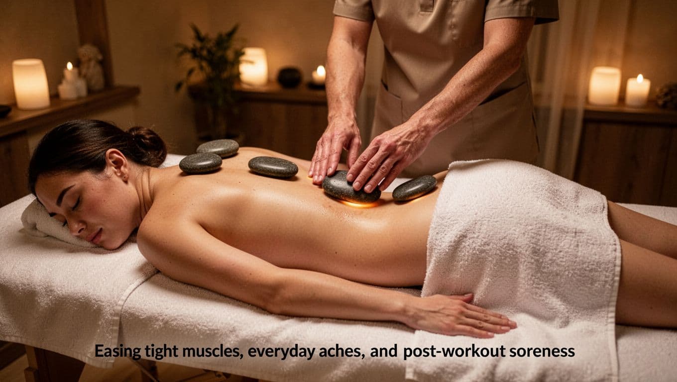 Prone client on a massage table in a serene spa with dim warm lighting receives heated basalt stone therapy along spine, shoulders, and hamstrings, with therapist's hands applying a stone to the lower back over a towel.