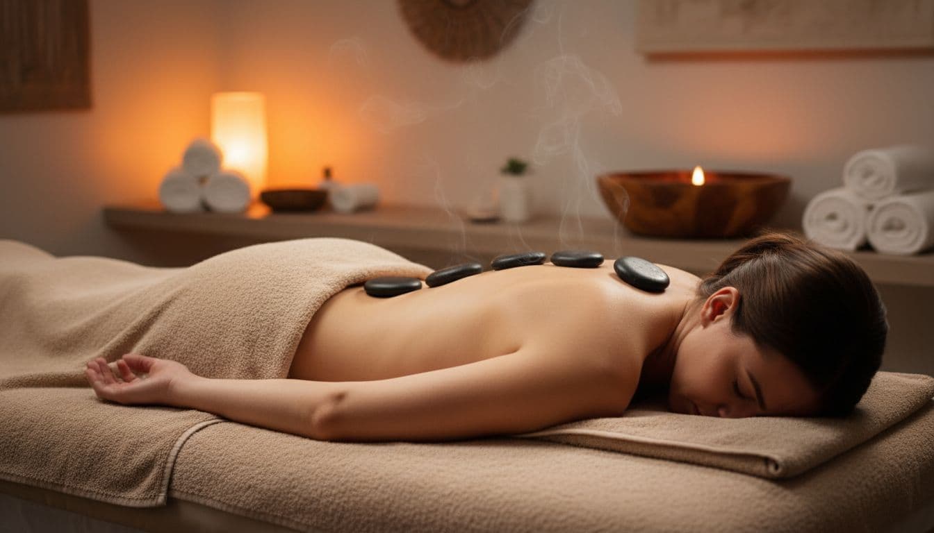 Client lying face down on massage table with black basalt hot stones on back and shoulders, relaxed muscles in warm spa lighting.