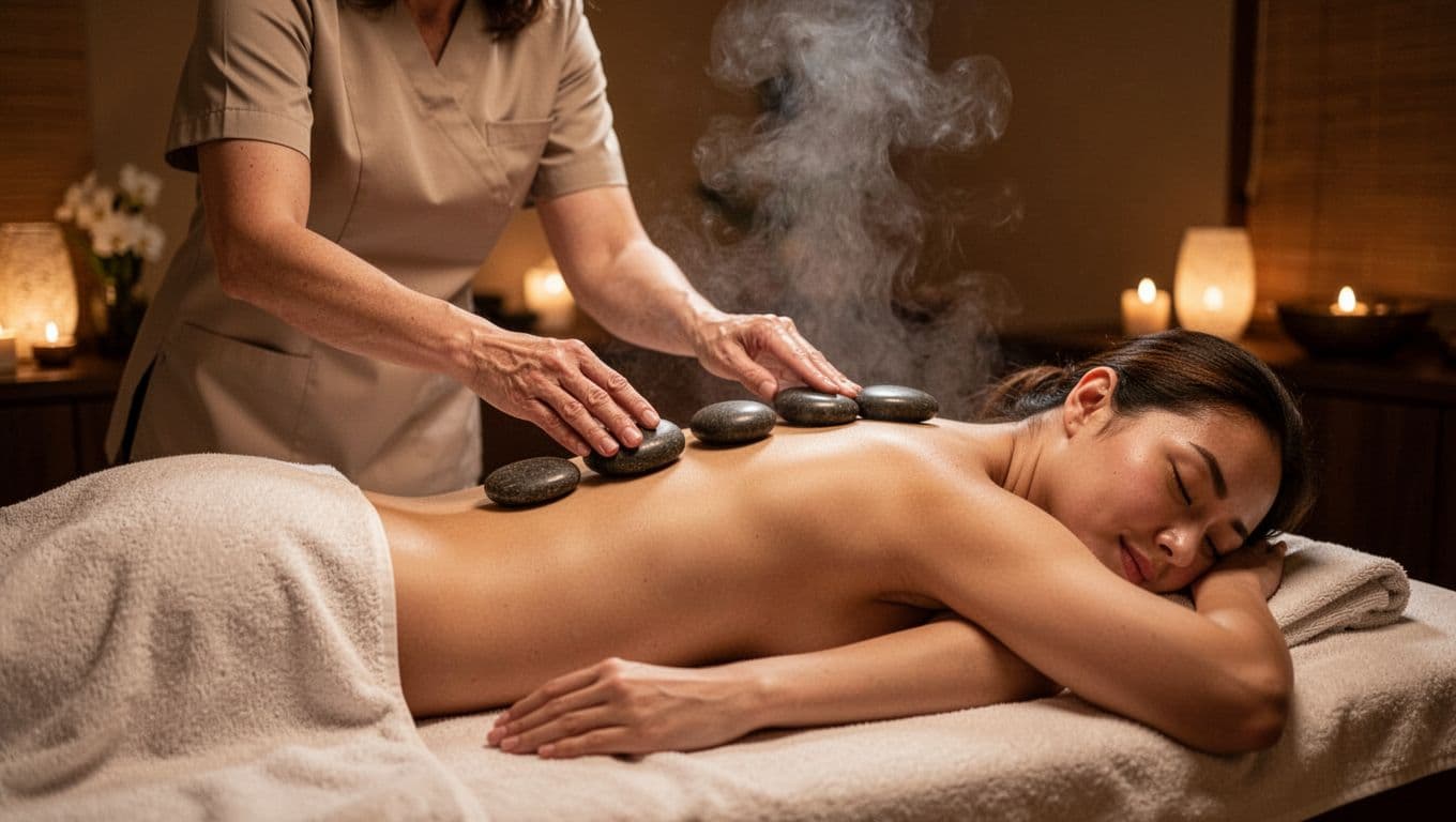 Massage 9 Therapist placing smooth heated stones along the spine of a relaxed client lying face down on a massage table in a serene spa room with dim warm lighting and steam.