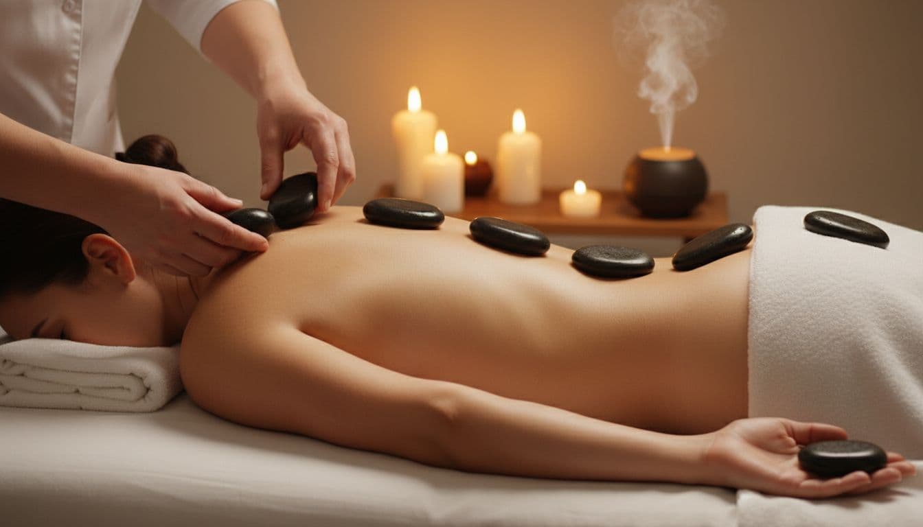 Professional massage therapist gently placing smooth black basalt hot stones on a client's back, shoulders, palms, and legs during a serene spa session.