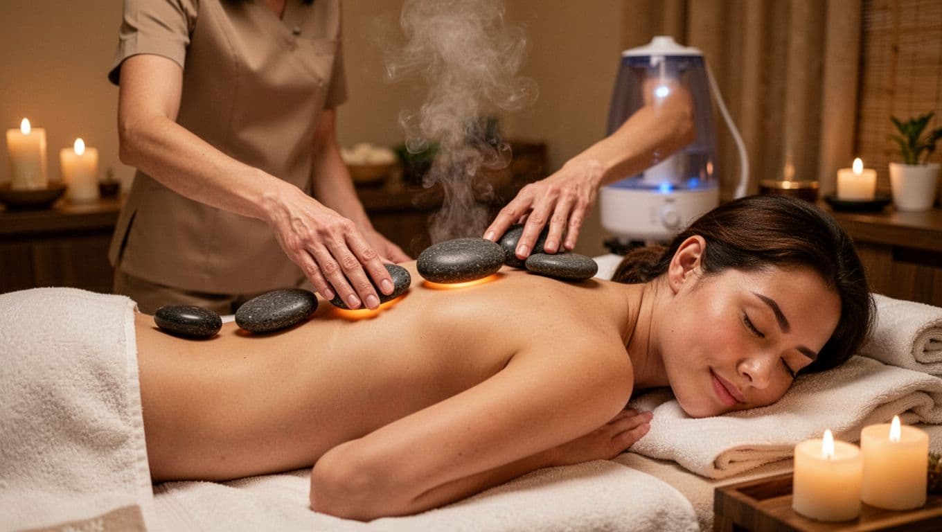 Massage SPA in Kilimani: A Practical Guide to Relaxation 6 A therapist gently arranges heated basalt stones along the spine and shoulders of a client lying face down on a spa table in a tranquil room with candlelight and steam diffuser.