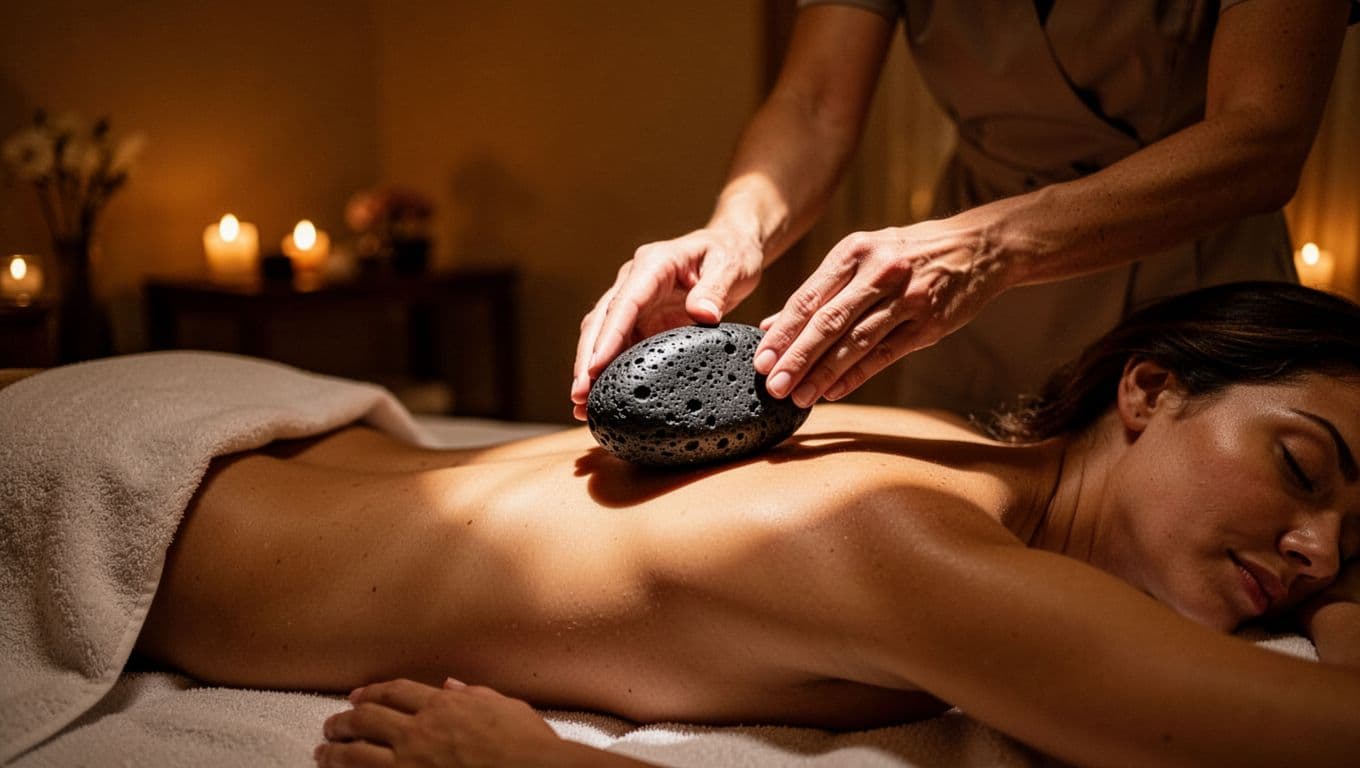 A therapist carefully places a smooth dark volcanic rock onto the back of a client resting on a treatment table. Warm ambient amber light illuminates the serene and peaceful spa environment.