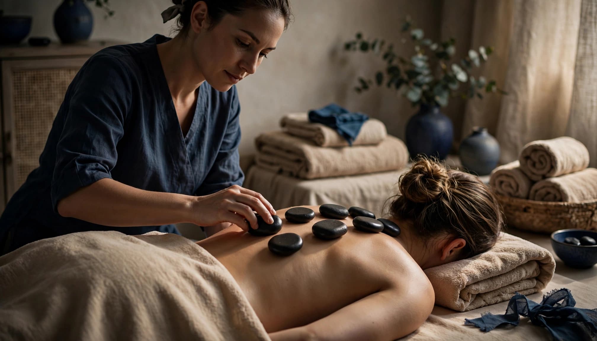 Hot Stone Massage 2 A draped client receives a shoulder massage with dark stones in a softly lit spa room.