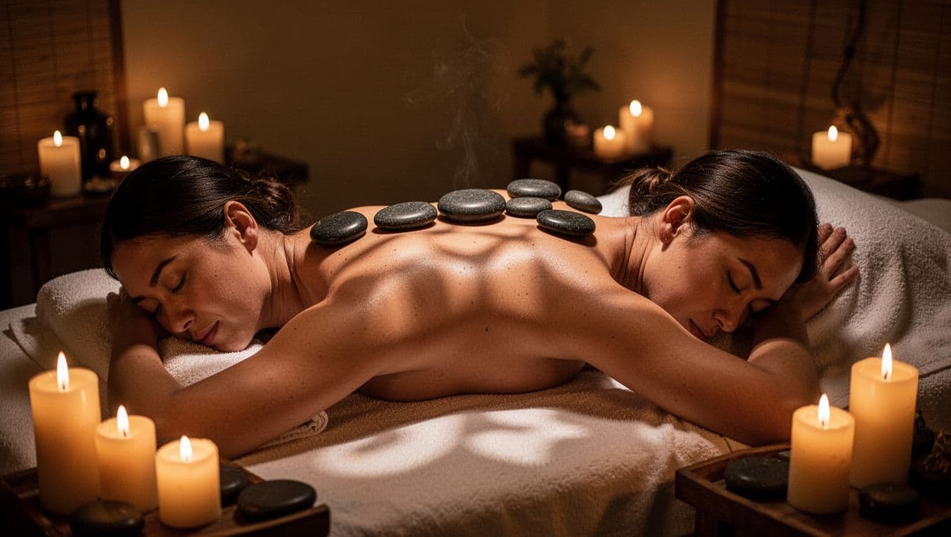 Smooth dark basalt stones rest on a person's back while lying on a wooden table. Warm candlelight creates dramatic high-contrast shadows across the dim, serene, and tranquil spa environment.