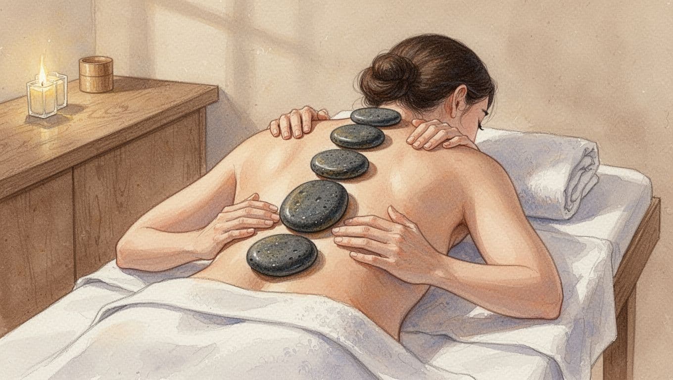 A person lies face down on a professional table while smooth, heated basalt stones are carefully arranged along their spine. Soft, warm light highlights the textured watercolor strokes on skin.