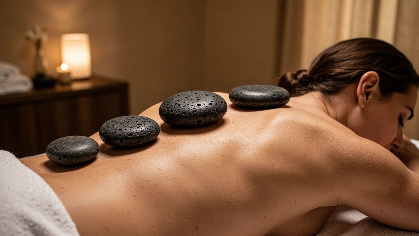 Smooth, dark volcanic stones rest on a person's back inside a dimly lit spa. The warm, ambient lighting highlights the texture of the stones against skin to evoke deep relaxation.