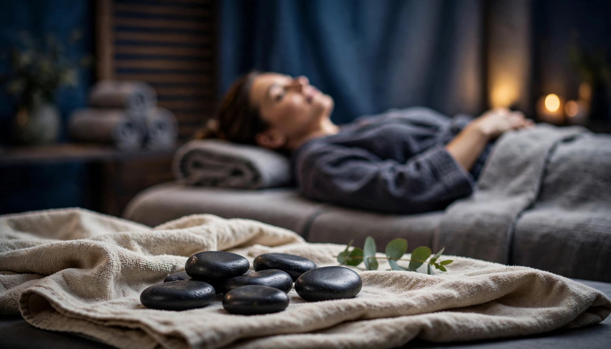 Hot Stone Massage 6 Basalt stones on a towel in front of a relaxed client at a warmly lit spa.