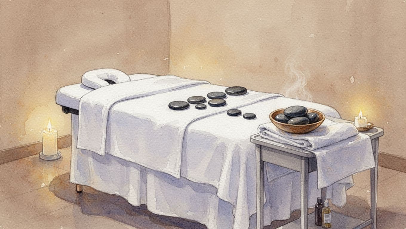 White linens cover a plush massage table in a tranquil spa room, while a nearby side table holds smooth basalt stones. Soft amber lighting enhances the serene, hand-painted watercolor textures.