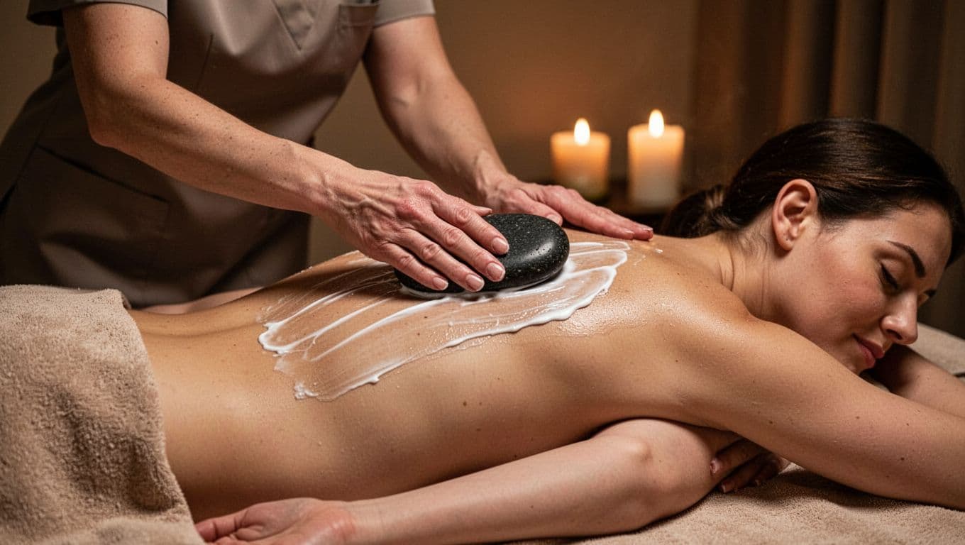 Professional therapist glides a smooth hot black basalt stone with lotion over a client's relaxed covered back using long Swedish friction strokes in a dimly lit spa room with warm candlelight glow.