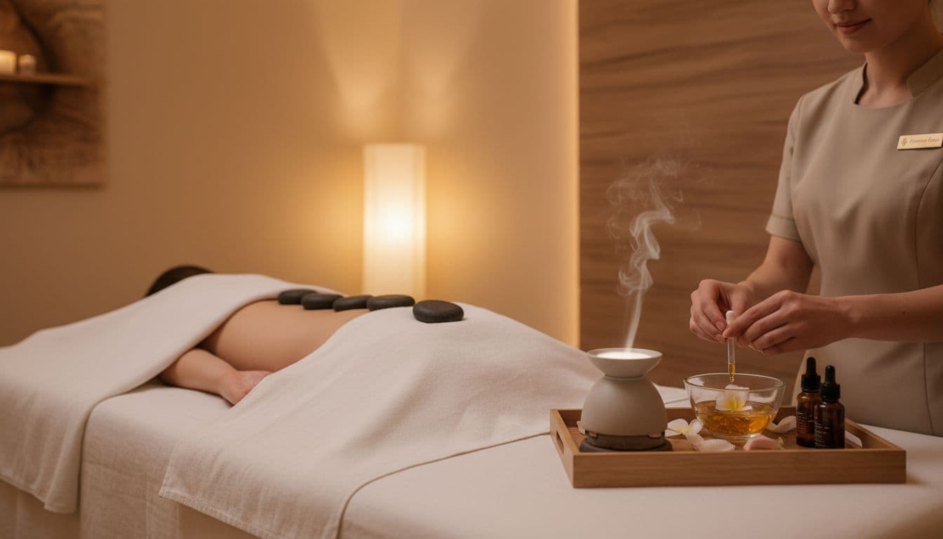 Spa treatment table with hot stones along the client's back under a draped sheet, therapist preparing aromatherapy oils in a serene room with warm lighting and essential oil diffuser.