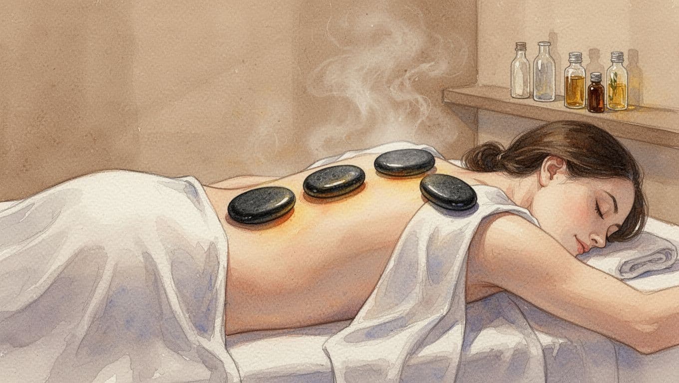 Smooth black basalt stones arranged along spine and shoulders on client's back under light sheet in spa room.