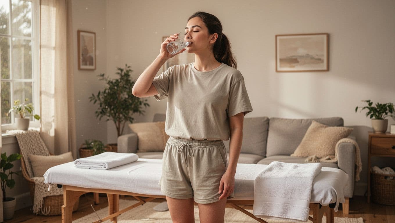Deep Tissue Massage 9 A single person in loose t-shirt and shorts drinks water from a glass in a cozy living room with a towel nearby, adopting a relaxed pose in natural daylight.