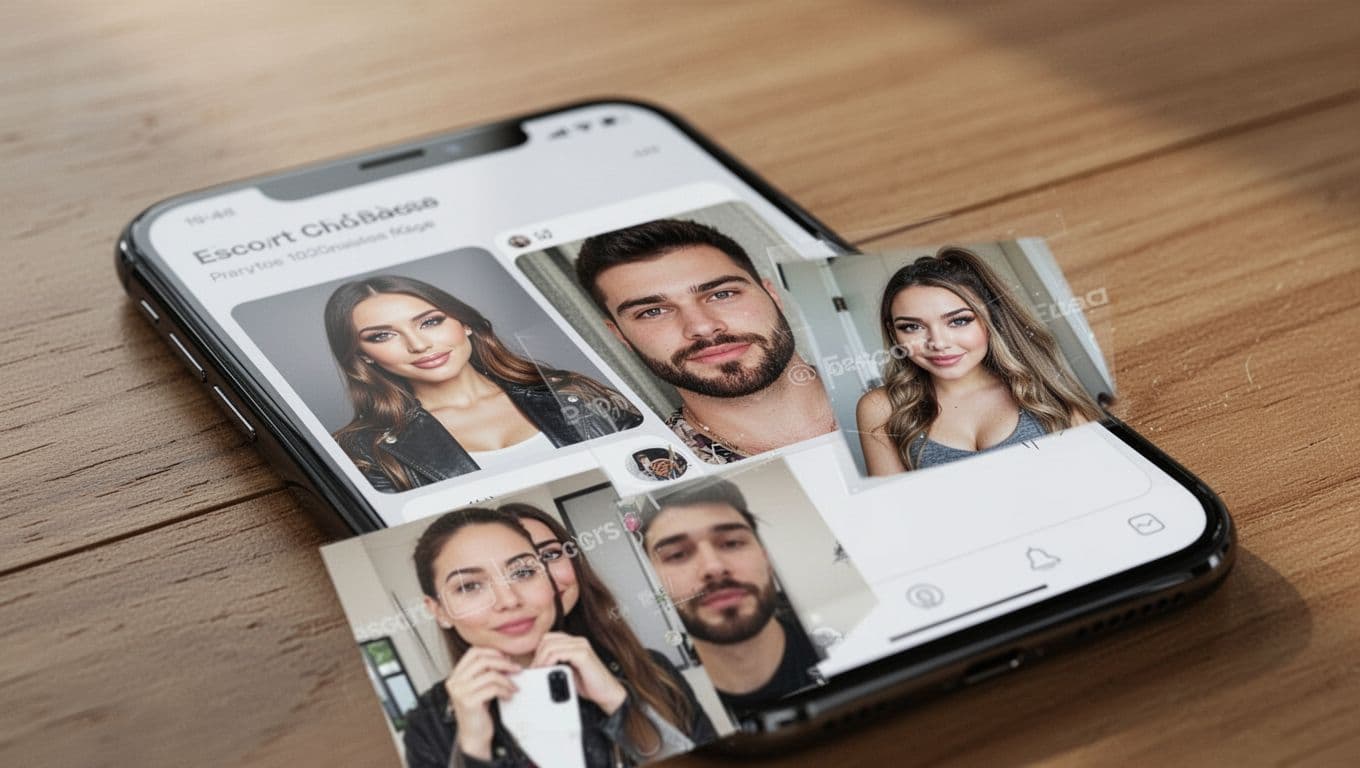 Close-up smartphone screen showing multiple fake escort profile photos with mismatches in face angles, body types, and faint watermarks, rendered photorealistically on a wooden table.