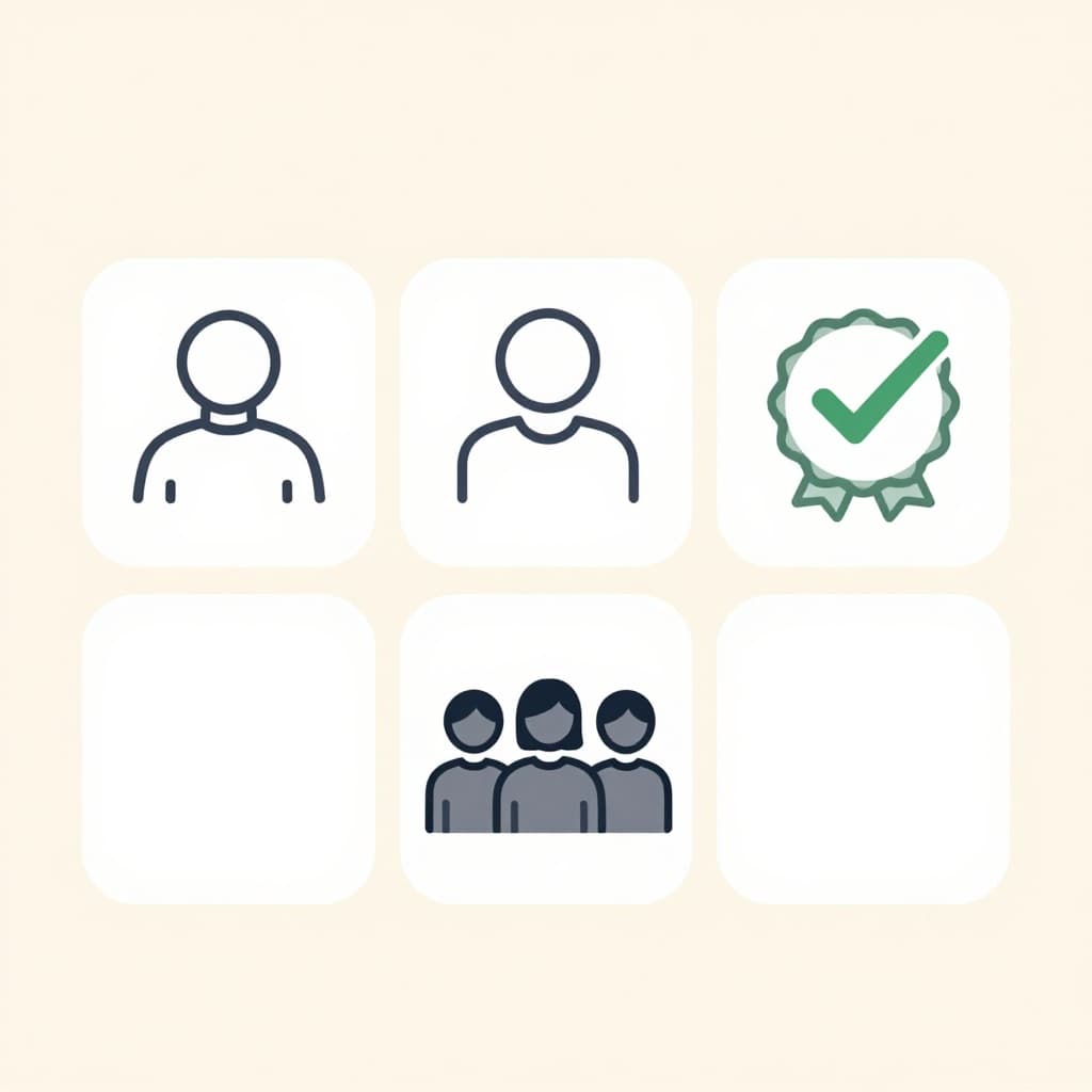 Side-by-side minimalist line art icons: single female figure for independent escort, group of three figures for agency, checkmark badge for verified; clean style on white background with soft pastel colors, square composition.