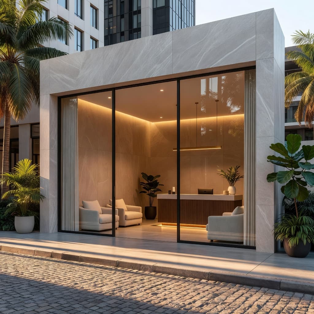 A minimalist massage studio entrance features soft amber lighting and clean lines along a sunlit city sidewalk. The welcoming glass doorway highlights an elegant, calm interior design suited for urban relaxation.