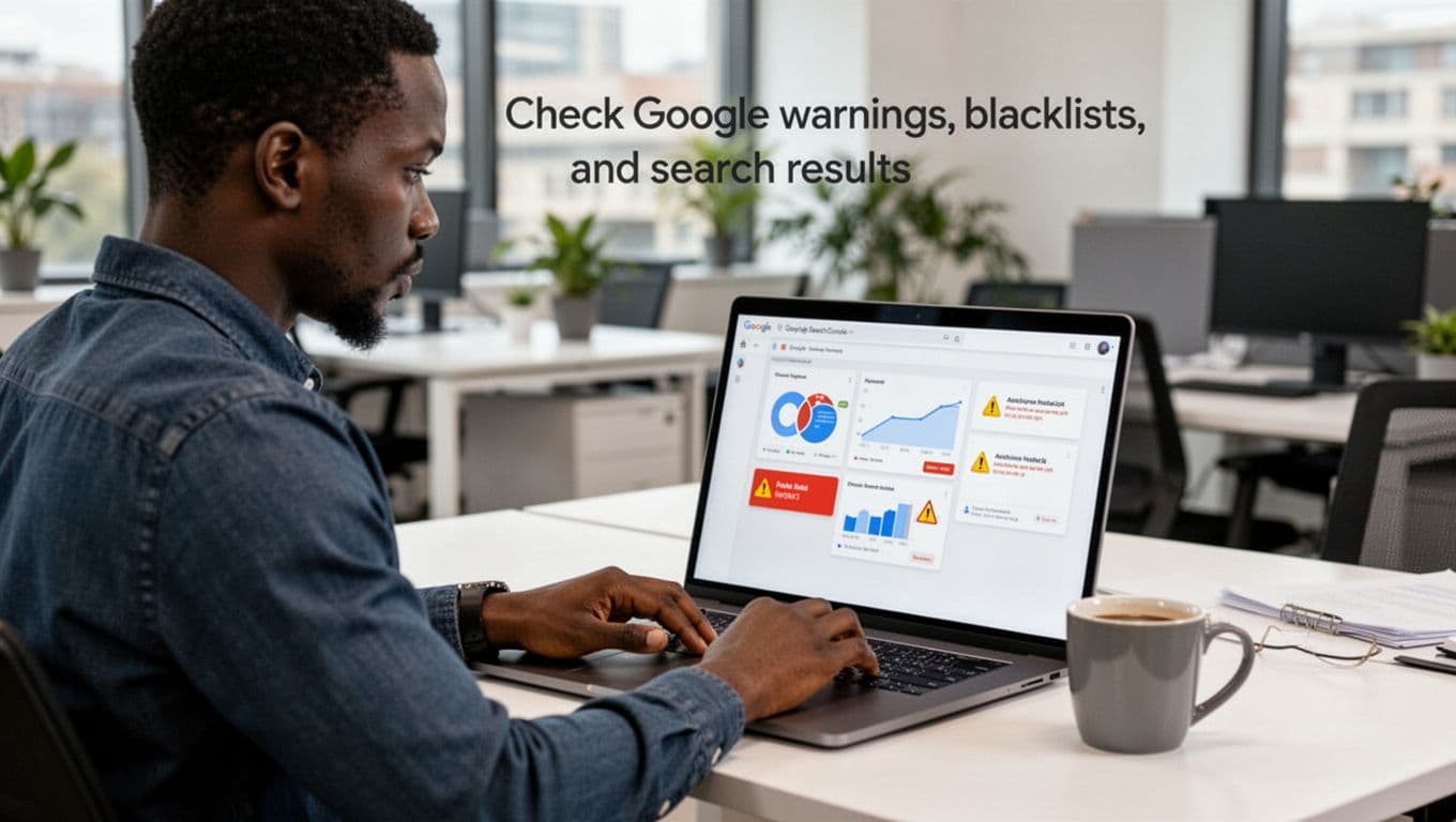 Nairobi-based IT professional in a modern office workspace examines Google Search Console on a laptop screen for hacked site issues, showing a focused expression with a coffee mug on the desk and soft natural light.