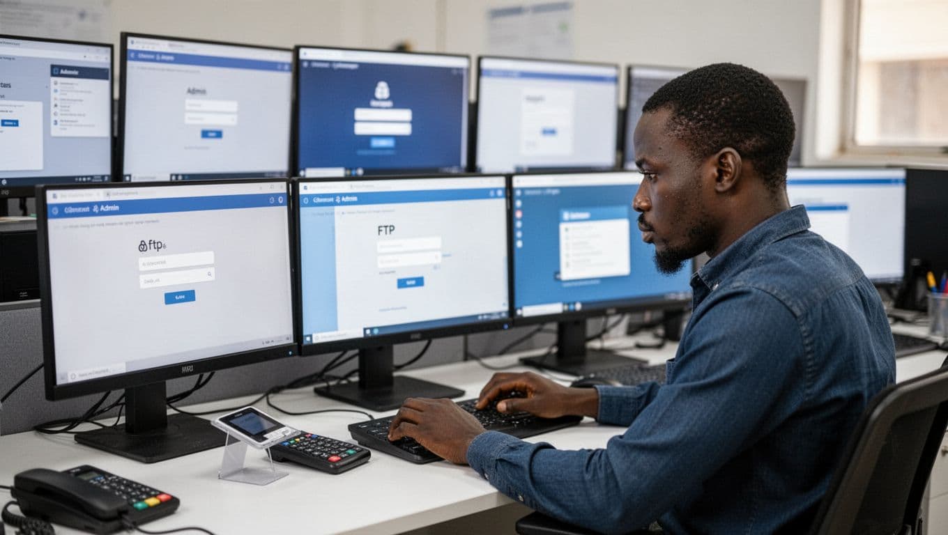 IT specialist in Nairobi office resetting passwords on multiple devices with blurred login forms for admin, FTP, and database on screens, determined pose, clean desk, realistic high-resolution style.
