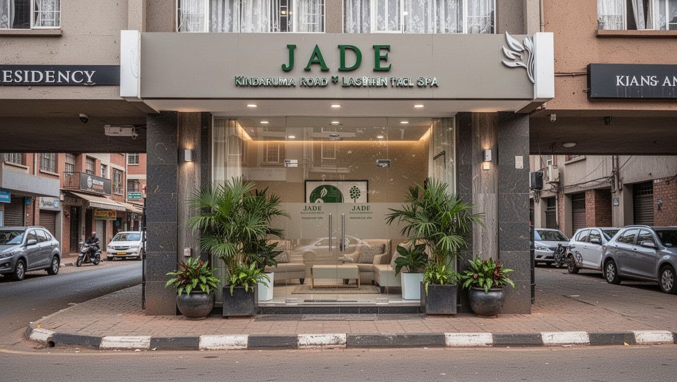 Welcoming modern spa entrance at Jade Residency on Kindaruma Road in Kilimani, Nairobi, featuring a discreet facade with glass door, plants, and soft lighting in a daytime urban street setting.