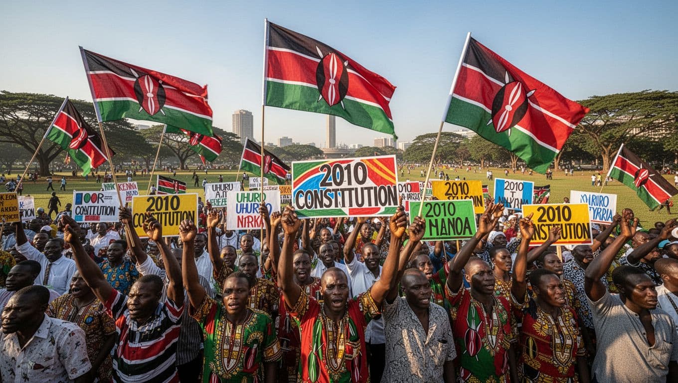 A large joyful crowd of Kenyans gathers in Uhuru Park, Nairobi, waving flags and holding placards to celebrate the promulgation of the 2010 Constitution on a sunny day with blue skies.