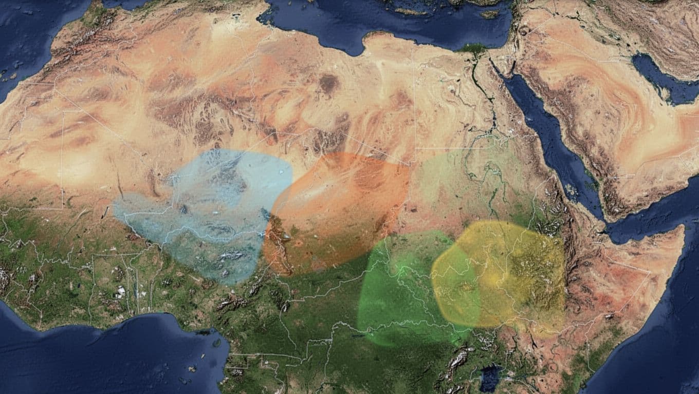 Topographic map of Kenya highlighting planned 2026 oil and gas licensing blocks: Lamu Basin (29 blocks, light blue), Tertiary Rift (12, orange), Anza (6, green), Mandera (3, yellow) in realistic satellite style with subtle colors.
