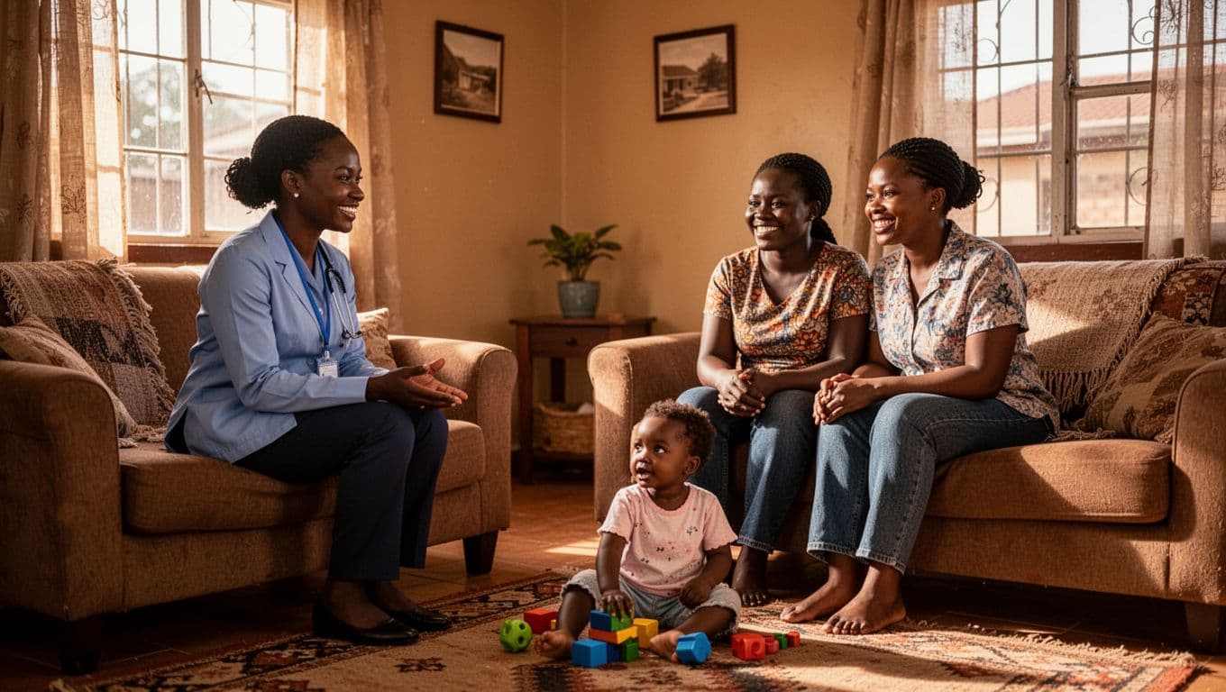 Cozy Kenyan suburban living room with natural warm daylight where a professionally dressed social worker meets a smiling adoptive couple and their young child playing nearby, depicting the home study phase of the child adoption process.