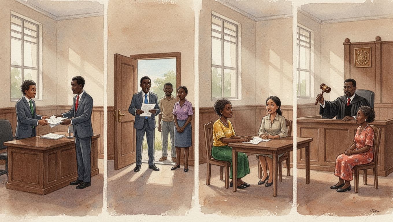 Watercolor painting showing four sequential scenes in a traditional Kenyan courthouse: client consulting lawyer, serving papers to defendant, mediation, and judge's judgment with gavel, in warm earthy tones.